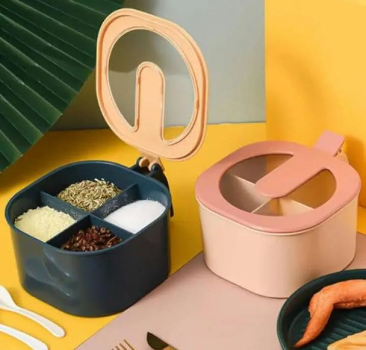4 In 1 Partition Kitchen Seasoning Box Masala Box Set 4 Grid Portion Spice Jar Container Square Pepper Pot Box Spice Rack Kitchen Storage 4 Compartments Salt Box Achar Jar Dry Fruits Box Soup Spices